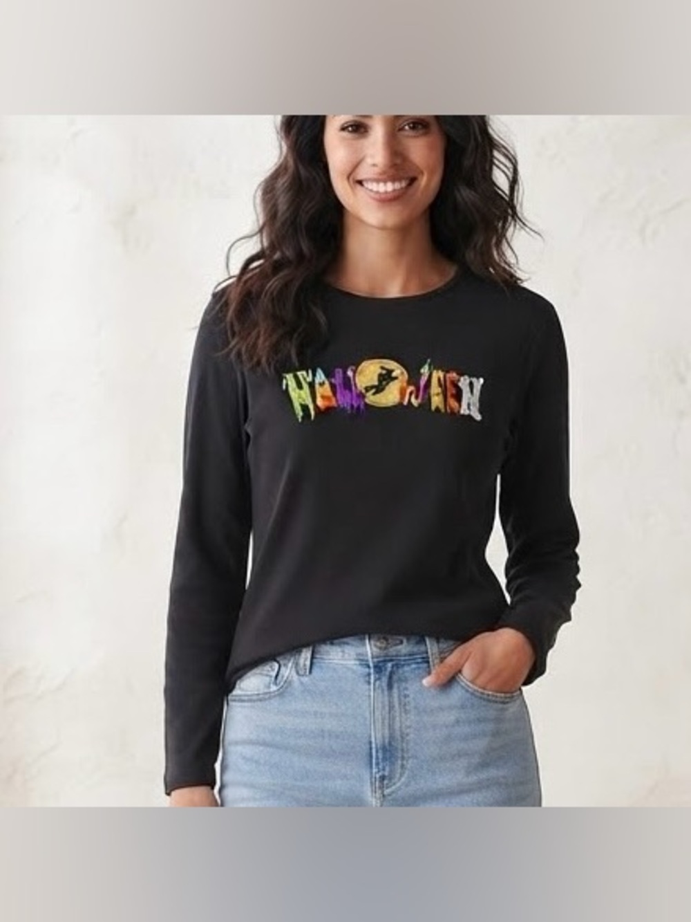 Classic Editions Black Embroidered Halloween Witch Long Sleeve Top Size XL